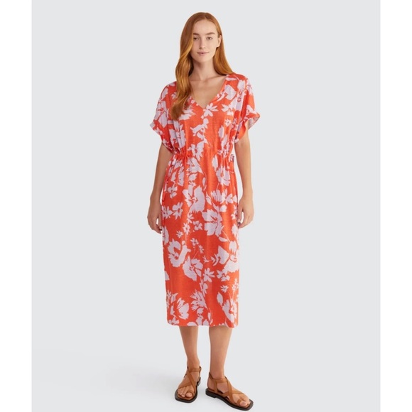 SPORTSCRAFT 'Tay' Orange Floral Print 100% Linen V-Neck Midi Dress Size M AU 12 - Picture 2 of 12